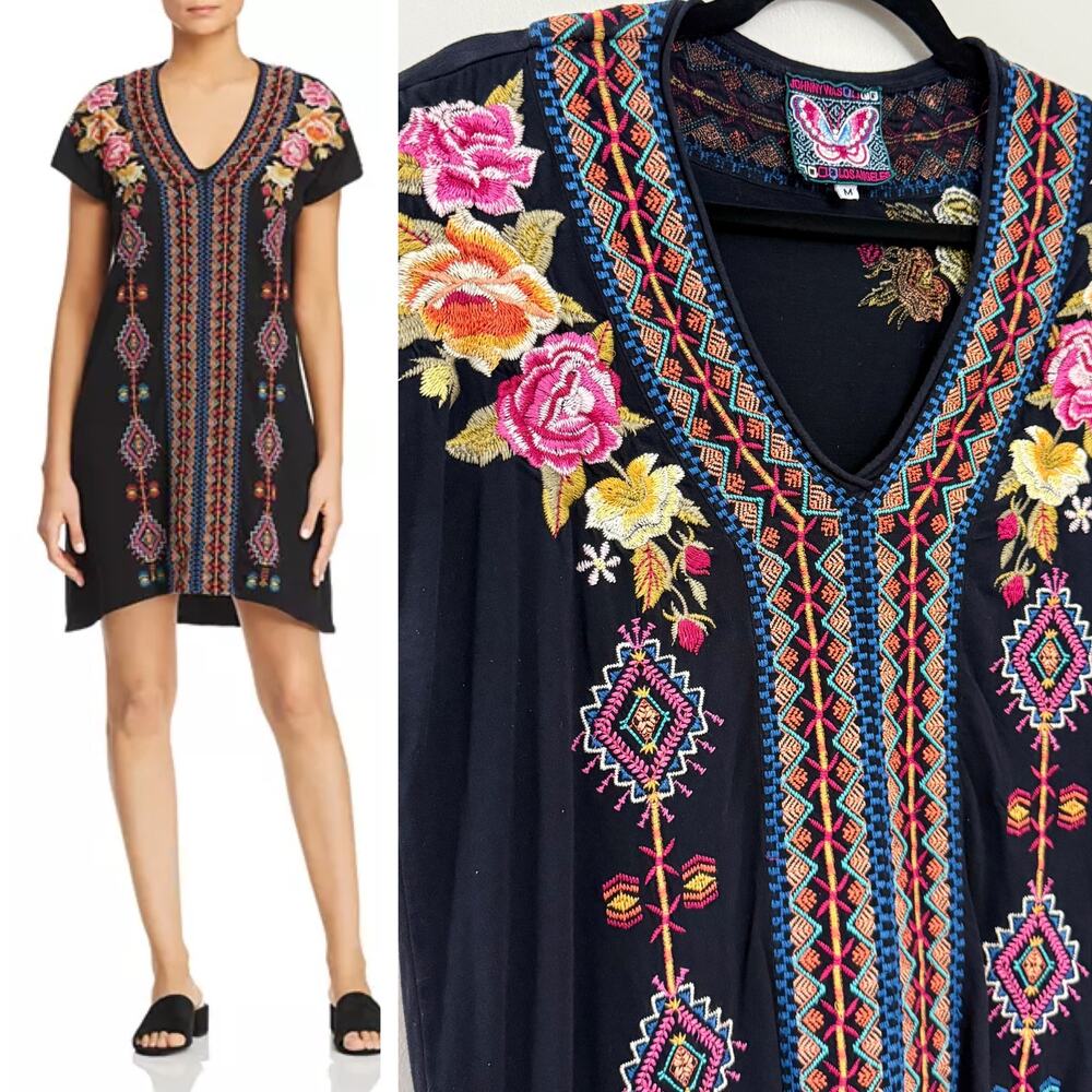 Johnny Was Bohemian Lagenlook 100% Cotton Black Embroidered Vella Cocoon Dress M